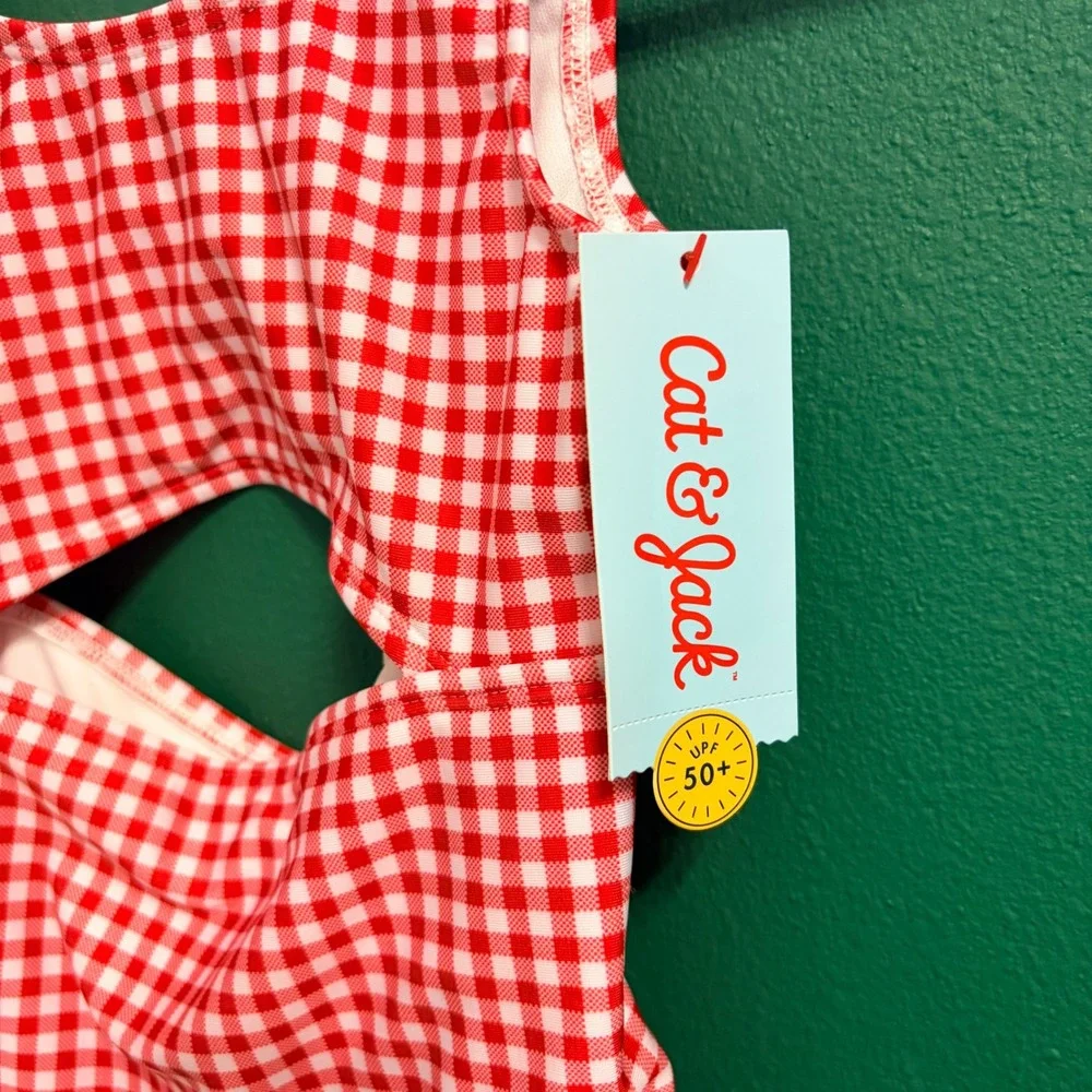 Cat & Jack Red Gingham Americana 1pc Cutout Swim Bathing Suit Small 6/7 NEW NWT